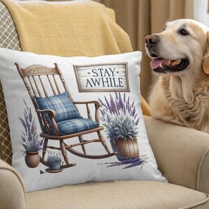 Rustic Farmhouse Decorative Pillow, Stay Awhile Rocking Chair Cushion with Lavender, Dog Friendly Home Decor