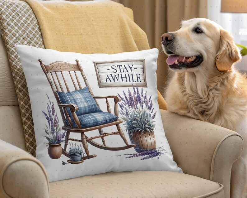 Rustic Farmhouse Decorative Pillow, Stay Awhile Rocking Chair Cushion with Lavender, Dog Friendly Home Decor