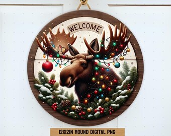 Rolig älgvälkomstskylt dörrhängare png sublimeringsdesign, vinterjul rund välkomstkransskylt dörrhängare mall png, digital