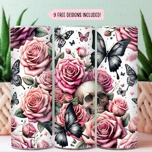 Gothic Skull & Rose Tumbler Wrap 20 oz Sublimation Tumbler Design 9.2x8.3&quot; Seamless Straight Skinny Tumbler Wrap, Gothic Butterflies png