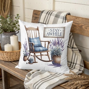 Rustic Farmhouse Decorative Pillow, Stay Awhile Quote, Rocking Chair Design, Lavender Print, Country Home Accent