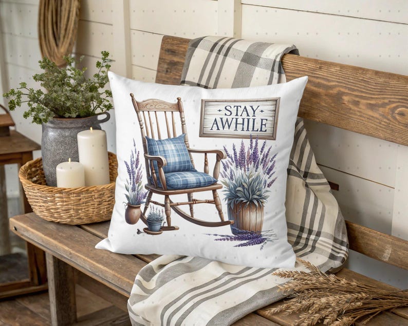 Rustic Farmhouse Decorative Pillow, Stay Awhile Quote, Rocking Chair Design, Lavender Print, Country Home Accent