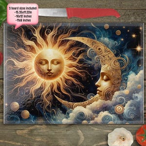 May include: A colorful cutting board with a sun and moon design. The sun is yellow and gold with a human face. The moon is silver and gold with a human face. The background is a dark blue with stars. 8 board sizes included: -15.95x11.22in -16x12 inches -11x8 inches