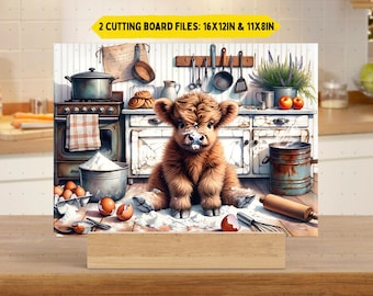 Funny Highland Cow Cutting Board PNG | Baby Cow Rustic Chopping Board Sublimation | Farmhouse Kitchen Glass Board Design | Digital Download