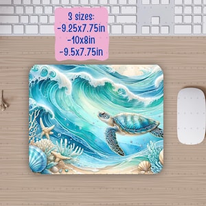 May include: A blue and green mousepad with a watercolor painting of a sea turtle swimming in the ocean. The waves are crashing and there are seashells and starfish on the bottom of the ocean. The mousepad is available in three sizes: 9.25x7.75 inches, 10x8 inches, and 9.5x7.75 inches.