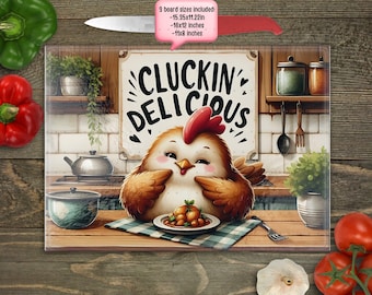 Tabla de cortar de pollo divertida, diseño de sublimación PNG, linda tabla de cortar rústica de pollo, tabla de cortar de vidrio PNG