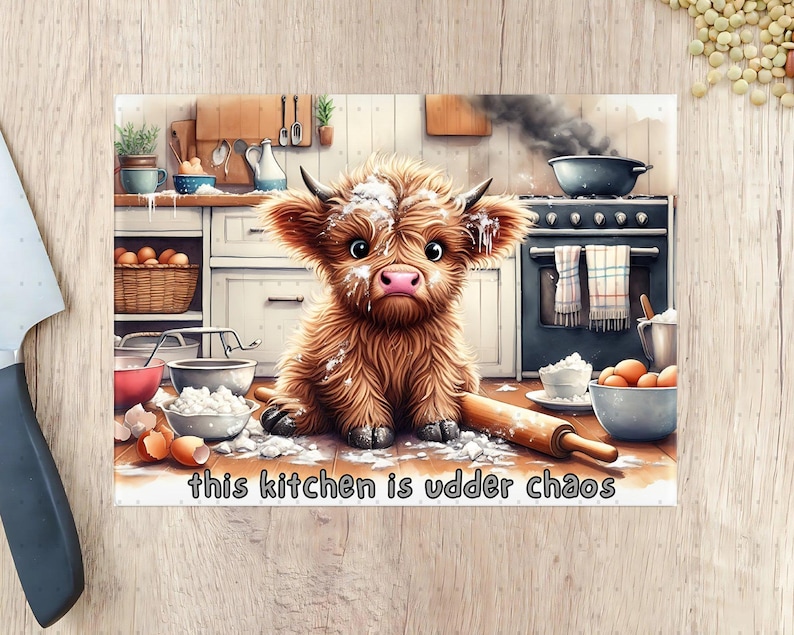 Cute Highland Cow Kitchen Art, Funny Animal Poster, Rustic Home Decor, Farmhouse Style Wall Hanging, Unique Gift Idea