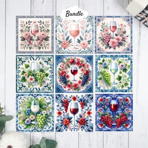 May include: A collection of nine square watercolor art prints featuring wine glasses, grapes, and floral arrangements. The prints showcase various wine colors and are set against a decorative tile background. The word "Bundle" is at the top.