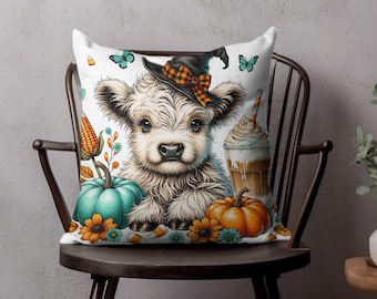 Spöklik säsong höglandsko png sublimeringsdesign akvarelldekor, kuddeskjorta png transparent digital, Halloweenpumpa iskaffe