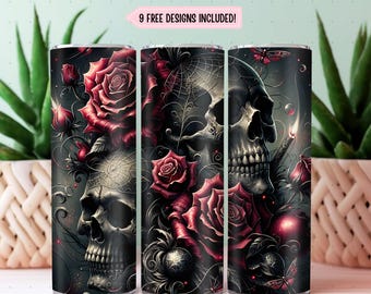 Gothic Skull Roses Tumbler Wrap PNG Sublimation Design, 20oz Skinny Seamless Tumbler Wrap, Sublimation PNG Digital Download Only