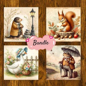 Puede incluir: Un conjunto de cuatro ilustraciones acuareladas caprichosas con animales antropomórficos. Las imágenes incluyen un topo con un bastón, una ardilla con bellotas, un ganso con una cesta de flores y una rana con un paraguas. La palabra "Bundle" está escrita en rosa.