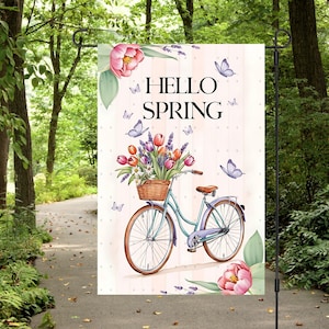 Bandera de jardín de primavera, diseño de sublimación PNG, bandera de jardín decorativa, acuarela, bicicleta, letrero floral de bienvenida de primavera, bandera de jardín - Solo digital