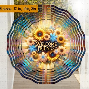 Welcome Friends Wind Spinner PNG Sublimation Design 10inch Round Door Hanger Ornament Floral Welcome Windspinner Suncatcher png Digital