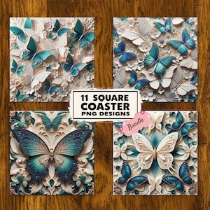 Può includere: Quattro sottobicchieri quadrati con disegni di farfalle. Ogni sottobicchiere presenta una diversa disposizione di farfalle bianche e turchesi su sfondo color crema. Il testo "11 SQUARE COASTER PNG DESIGNS" è visibile.
