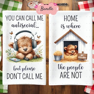 8 Funny Kitchen Tea Towel PNG Bundle Sublimation Design, Introvert Highland Cow Hand Towel Apron Kitchen Towel Sublimation, Dish Towel png