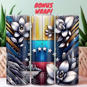 May include: Three stainless steel tumblers with a colorful design featuring a stylized image of a flower, a flag, and a cityscape. The design includes yellow, blue, red, white, and black colors.