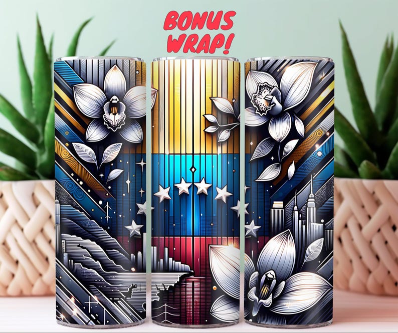 May include: Three stainless steel tumblers with a colorful design featuring a stylized image of a flower, a flag, and a cityscape. The design includes yellow, blue, red, white, and black colors.