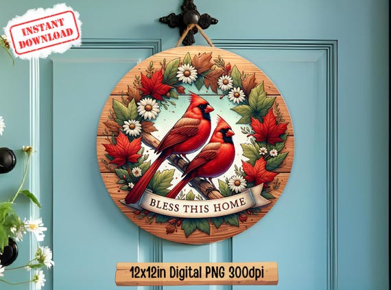 Cardinals Round Door Hanger png Sublimation Design, Bless This Home Floral Welcome Round Sign Template, 300dpi Transparent, Digital