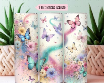 Butterfly Tumbler Wrap PNG Sublimation Design, Pink Teal Wildflower Glitter 20oz Skinny Straight Seamless Tumbler Wrap, Digital Only