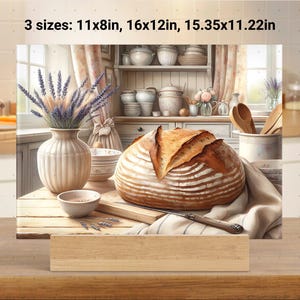 May include: A rustic kitchen-themed chopping board with a loaf of bread, a vase of lavender, and a bowl of flour. The chopping board is made of wood and has a light brown finish. The text "3 sizes: 11x8in, 16x12in, 15.35x11.22in" is printed on the chopping board.