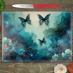 Butterfly Cutting Board PNG Sublimation Design, Chopping Board svg, Glass cutting board png Digital Only, Teal Butterfly Alcohol Ink gift