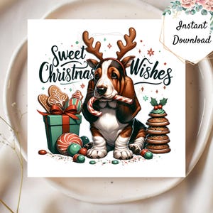 Feliz Navidad Basset Hound PNG + Bono - Deseo de Navidad Descarga instantánea Ideal para hacer tarjetas Manualidades con papel Arte de acuarela Regalo para amantes de los perros