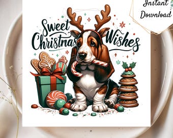 Merry Christmas Basset Hound PNG + Bonus - Xmas Wish Instant Download Best for Card Making Paper Craft Watercolor Art Dog Lover Gift