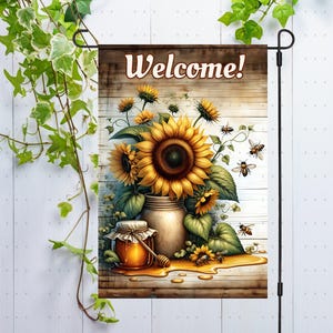 Welcome Garden Flag PNG Sublimation Design Yard Flag Decor, Sunflower Honey Bees Wood Rustic Country Sign Welcome Garden Flag png Digital