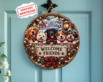 Funny Dog Christmas Door Hanger png Sublimation Design, Door Wreath Round Template Digital File for DIY Crafting 10x10in