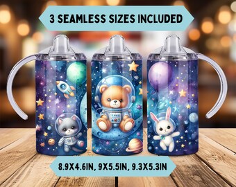 Cartoon Sippy Cup png Sublimation Design, Space Animals Cartoon Bunny Bear Cat 12oz Kids Sippy Cup Wrap png, Digital Only, 3 sizes