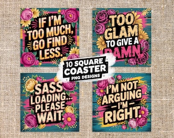 10 sarcastische citaten onderzetter sublimatiebundel, grappige onderzetter png volwassen Freshie Square sublimatieontwerp, sarcasme bekerhouder png, digitaal