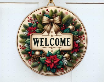 Christmas Winter Door Hanger png Sublimation Design, Welcome Round Door Wreath Sign, Holly Poinsettia Festive Xmas Bow Rustic png, Digital