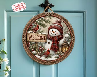 Christmas Door Hanger png Sublimation Design, Snowman Cardinal Door Wreath Round Template Digital File for DIY Crafting 10x10in