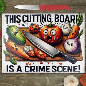May include: A white cutting board with a funny illustration of vegetables and a knife. The text on the board reads "This cutting board is a crime scene!"