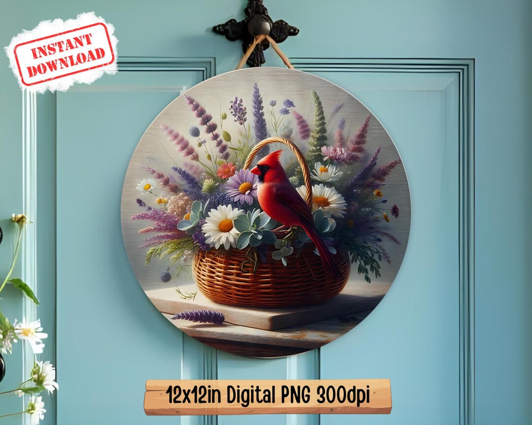 Floral Cardinal Door Hanger PNG Sublimation Design, Memorial Round ...