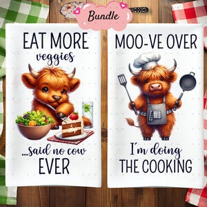 8 Funny Highland Cow Kitchen Tea Towel PNG Bundle Sublimation Design, Cook Farm Cow Lover Sassy Hand Towel Apron Sublimation, Dish Towel png