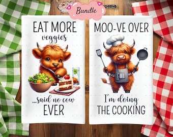 Paquete de 8 toallas de cocina divertidas de vaca de las tierras altas PNG, diseño de sublimación, delantal de toalla de mano atrevida para amantes de las vacas de la granja de cocineros, toalla de cocina png