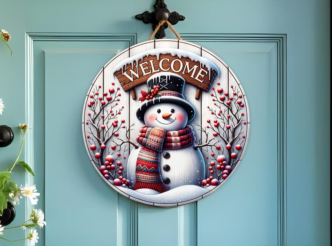 Snowman Round Welcome Door Hanger PNG Sublimation Design, Round Wreath ...
