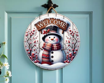 Snögubbe rund välkomstdörrhängare PNG sublimeringsdesign, rund kransskylt png, rund bordsmatta png, julvinterhälsningar för den heliga årstiden