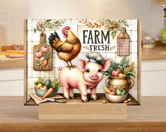 May include: A wooden sign with a pig and a chicken on it. The sign says "Farm Fresh" and has a red and white checkered pattern. There are vegetables and a basket of fruit on the sign.