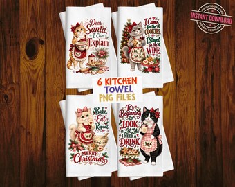 6 Christmas Cat Kitchen Towel png Sublimation Designs, Digital Files for DIY Crafting, Digital Only