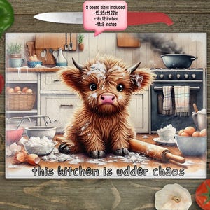 Cute Highland Cow Kitchen Chopping Board, Rustic Farmhouse Decor, Wooden Cutting Board Set, Animal Themed Kitchen Accessory, Gift Idea