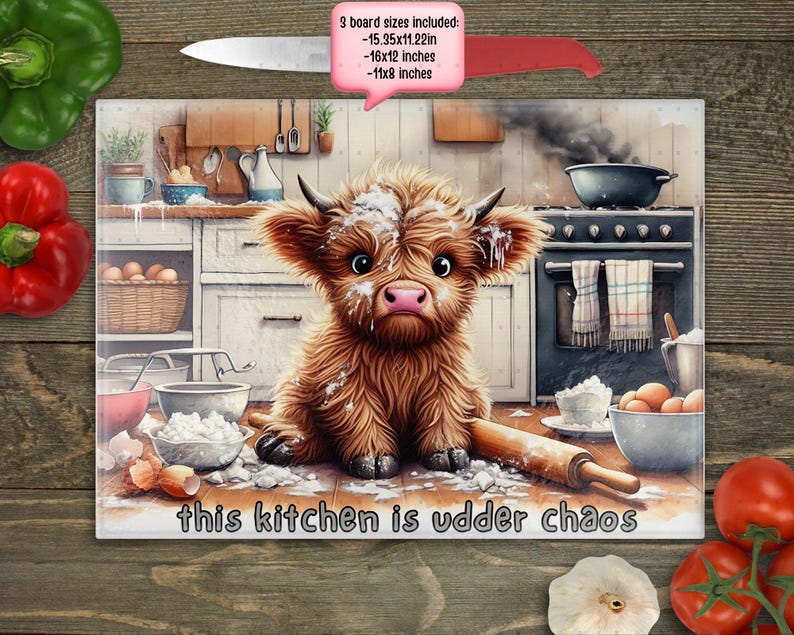 Cute Highland Cow Kitchen Chopping Board, Rustic Farmhouse Decor, Wooden Cutting Board Set, Animal Themed Kitchen Accessory, Gift Idea