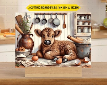 Funny Highland Cow Cutting Board PNG | Baby Cow Rustic Chopping Board Sublimation | Farmhouse Kitchen Glass Board Design | Digital Download
