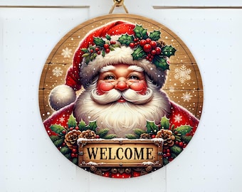 サンタのウェルカムサイン（素朴なドアハンガー）PNG昇華デザイン、メリークリスマスサンタのヒイラギリースウェルカムサイン（ドアハンガー）テンプレート、デジタル