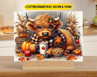 Fall Highland Cow Cutting Board png Sublimation Design, Cute Cow Chopping Board png, Cow Lover Gift Glass Board Placemat Serving Tray png