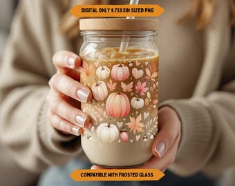 Girly Pumpkins 16oz Wrap PNG Sublimation Design, Cute Pastel Fall Frosted Glass Sublimate, Watercolor Floral Libbey Cup PNG, Digital Only
