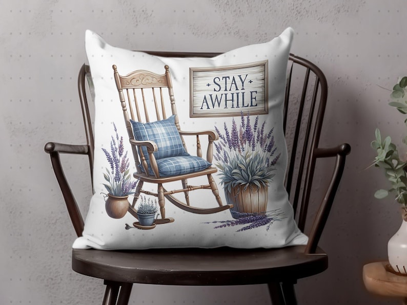 Rustic Rocking Chair Cushion Cover, Stay Awhile Quote, Lavender Plant Design, Cozy Home Decor Pillow, Vintage Style