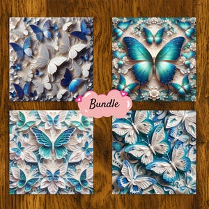 Puede incluir: Un conjunto de cuatro impresiones artísticas cuadradas con diseños de mariposas en tonos azules y blancos. Las impresiones muestran patrones y texturas intrincados, con la palabra "Bundle" en una pegatina rosa en forma de nube.