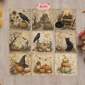 May include: A bundle of nine square art prints featuring vintage-style Halloween illustrations. The images depict black crows, pumpkins, a haunted house, a black cat, a witch hat, a lantern, and stacks of books in muted sepia and orange tones.